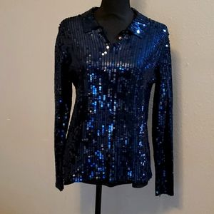 August Silk Navy Sequin 100% Silk Top NWT